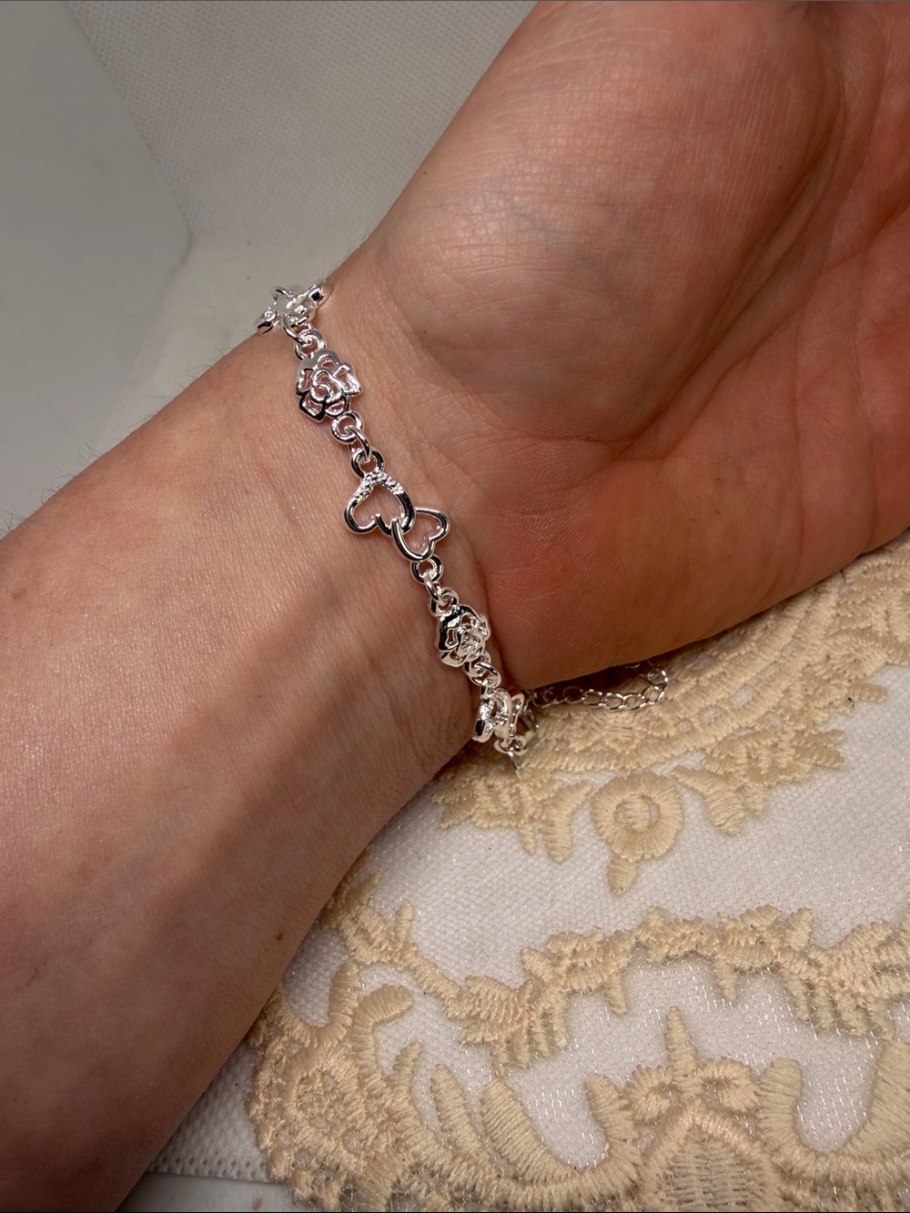 925 Sterling Silver Rose & Open Heart Bracelet | Romantic Cottagecore - Picture 2 of 7